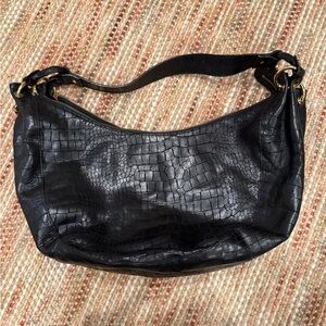 Perlina Black Croc-Embossed Shoulder Bag